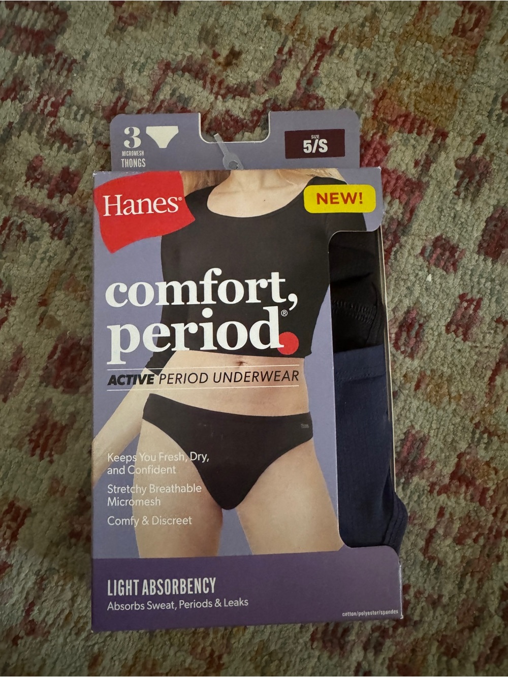 Hanes Comfort Period Active Period Underwear Thongs 3-Pack Size S/5 NWT